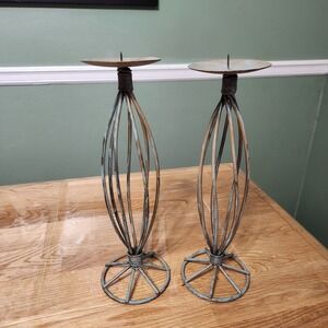 2 Green Patina Wire-Wrapped Pillar Rustic Home Decor Candle Holders 3 Inch